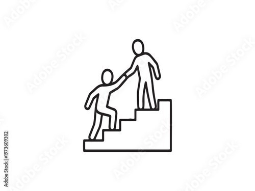 Minimalist black line icon of two human figures on a staircase, one higher extending a hand downward to help the other climbing upward, symbolizing assistance, mentorship, guidance, support, and progr