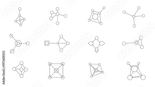 Diverse vector collection of abstract network structures and geometric graph patterns illustrating digital connectivity and complex system relationships