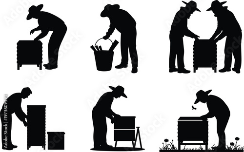 Beekeeper silhouettes set, apiculture workers handling hives vector illustration agriculture honey production