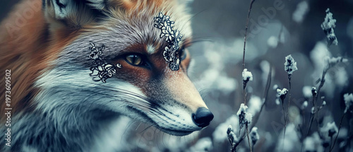 Close-up of a fox with intricate, dark patterns around its eye, gazing into a soft focus winter scene with frosted plants