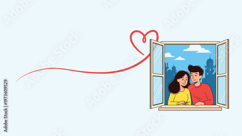 Young man and woman leaning on a windowsill looking out of an open window together with a red heart shape line floating in the sky.