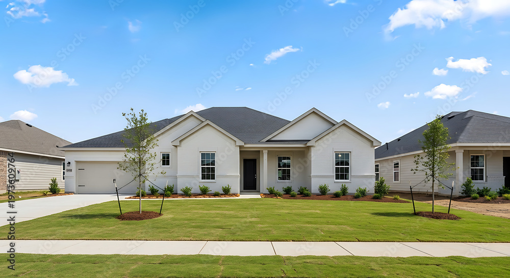 Fototapeta premium Modern White House with Gray Roof and Green Lawn