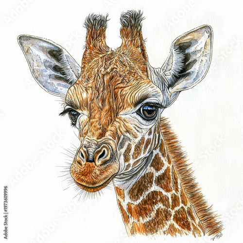 Close-up watercolor illustration of a giraffe's face, featuring detailed fur texture, expressive eyes, and patterned neck on white