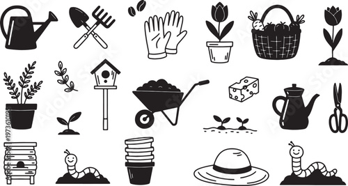 Gardening tools and plants icons set