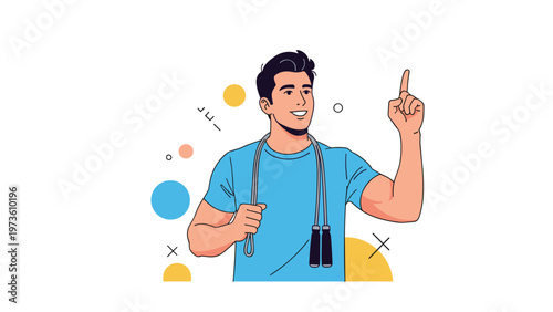 Smiling athletic man with a jump rope around his neck pointing upwards with one finger against an abstract background with colorful circles.