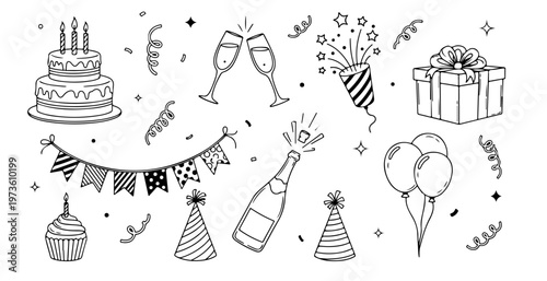 This festive black and white line art vector illustration collection features birthday cake, champagne flutes, confetti, gift box, party hats, bunting flags and popping balloons.