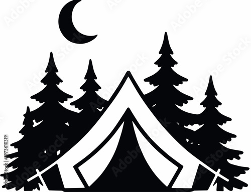 Camping badge with tent and pine trees