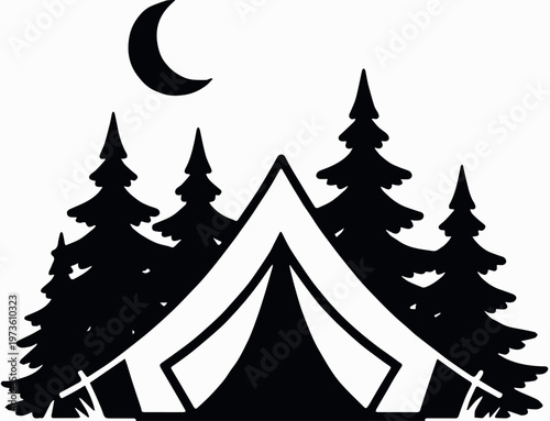 Tent under crescent moon with pine trees