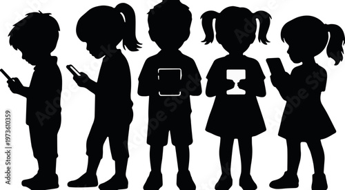 Children using devices at home in a row