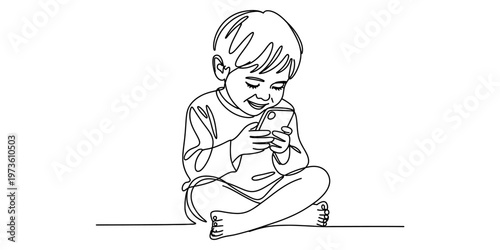 A single continuous line drawing of a young happy child sitting down and using a mobile phone Vector, illustration