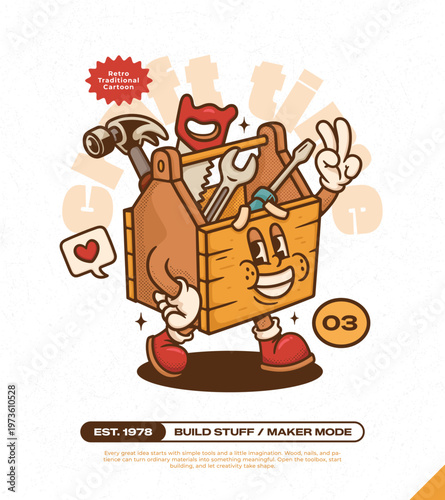 Wooden Craft Toolbox Trendy Retro Cartoon Vector Hand Drawn 3