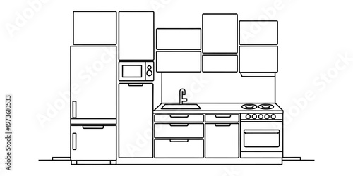 A simple black and white line drawing of a modern kitchen interior layout for design planning. Vector, illustration