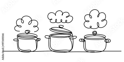 Continuous line drawing of three cooking pots with steam rising against a white background wall Vector, illustration