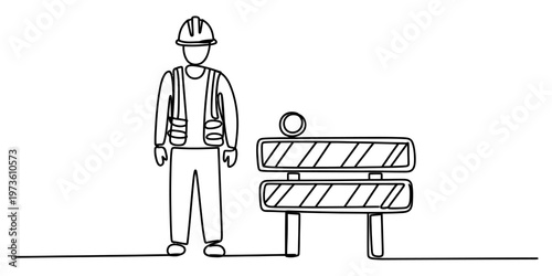 A simple continuous line drawing of a construction worker standing next to a safety barrier sign Vector, illustration