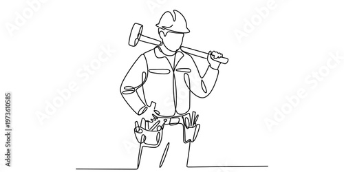A single continuous line drawing of a construction worker wearing a hard hat and tool belt gear. Vector, illustration