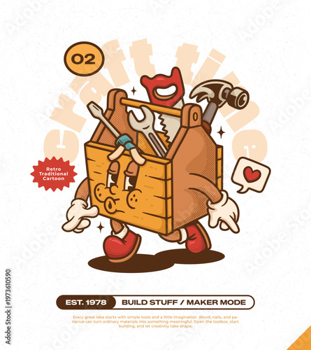 Wooden Craft Toolbox Trendy Retro Cartoon Vector Hand Drawn 2
