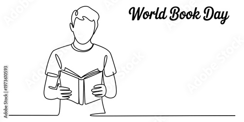A continuous line drawing of a young person holding an open book for the world book day event Vector, illustration