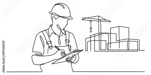 A single continuous line drawing of a construction worker inspecting a building project site plan Vector, illustration