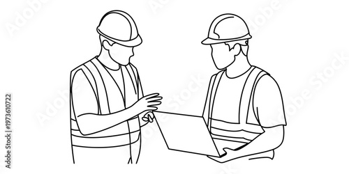 Two construction workers in safety gear discussing a project while looking at a laptop computer Vector, illustration