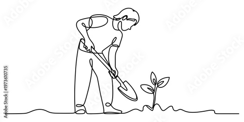 Continuous line drawing of a person gardening and planting a small green sprout in the ground Vector, illustration