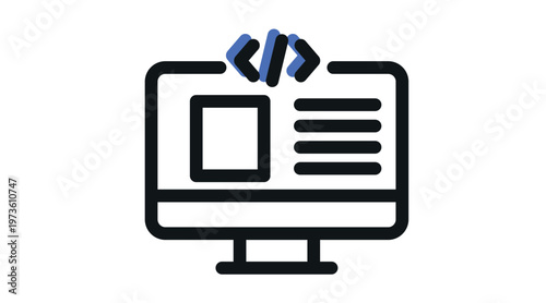 Web development and coding icon: desktop computer with HTML code symbol, fintech blue offset fill and black line vector illustration.