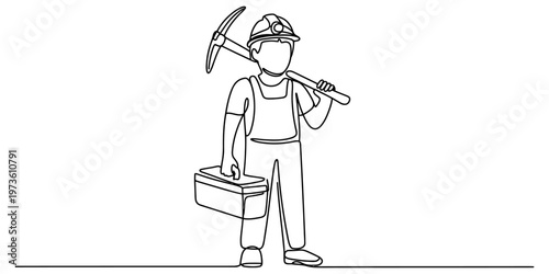Continuous line drawing of a coal miner wearing a helmet and carrying a pickaxe and tool box Vector, illustration