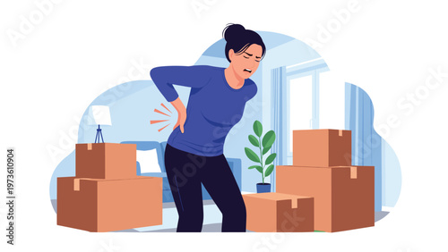 Woman in a blue sweater holding her lower back with a painful expression while standing among many cardboard boxes in her new home.