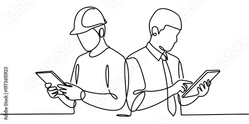 Continuous line drawing of a construction worker and a businessman using their digital tablets Vector, illustration