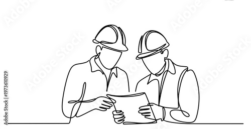 A single continuous line drawing of two construction workers looking at a blueprint together now Vector, illustration