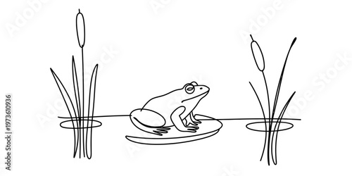 A simple black and white line drawing of a small frog sitting peacefully on a green lily pad Vector, illustration