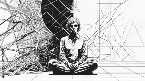 Intricate black and white vector illustration of a person sitting calmly while half of the surrounding environment