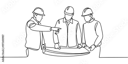Continuous line drawing of three construction engineers discussing a blueprint on a site project Vector, illustration