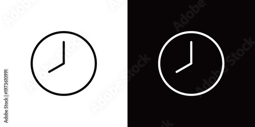 8時を指す丸い掛け時計のラインアイコン。白い線と黒い線のモノクロベクターイラスト