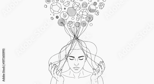 Monochrome vector sketch showing two mirrored human figures connected by thin lines, one structured and geometric