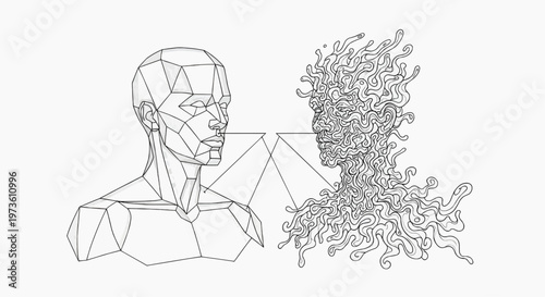 Black and white vector line art of a human releasing strings attached to abstract floating shapes, symbolizing surrender and acceptance