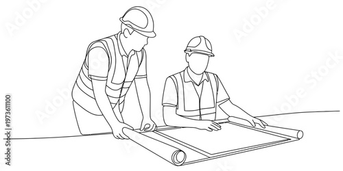 Two construction workers in safety gear reviewing a blueprint together at a work table project Vector, illustration