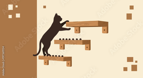 Black cat climbing wooden wall shelves, modern cat furniture, interior design for pets