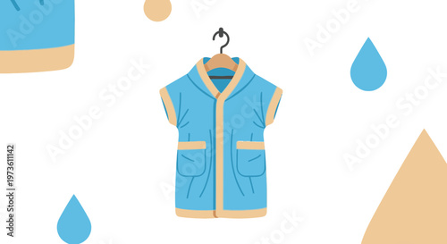 Blue bathrobe hanging on a hanger, surrounded by water drops and abstract shapes.