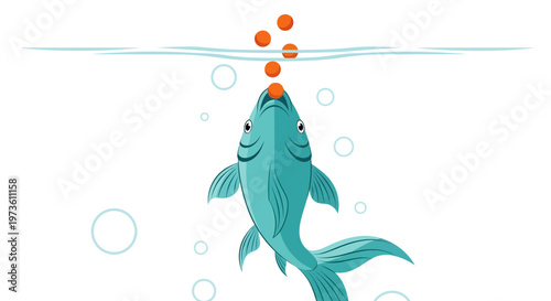 Blue Fish Leaping to Eat Orange Bubbles at Water Surface
