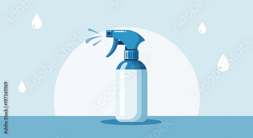Blue Spray Bottle Dispensing Liquid with Water Droplets on Light Blue Background