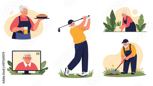 Collection of five illustrations showing seniors enjoying retirement through baking, golfing, gardening, video calls, and digging in soil.