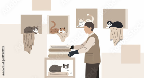 Cat Lover Organizes Laundry with Cats Watching from Shelves