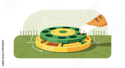 Cat playing with a puzzle feeder toy, interactive food dispenser for pets