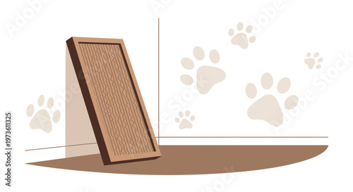 Cat Scratching Post Leaning Against Corner Wall with Paw Prints Decoration