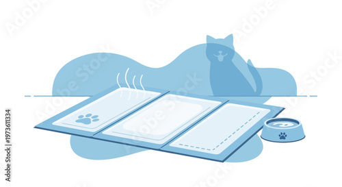 Cat Training Pad with Food Bowl and Silhouette of Cat in Background