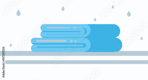 Clean Blue Towels Stacked on Shelf with Water Droplets Falling