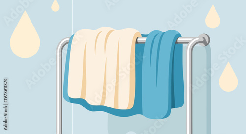 Clean Bathroom Towels Hanging on Rack with Water Droplets - Freshness and Hygiene Concept
