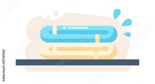 Clean Stacked Towels on Shelf with Water Droplets, Laundry Concept
