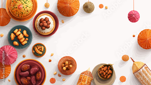 Traditional Ramadan food background with dates and sweets, Islamic festive meal banner with copy space, Arabic cuisine vector illustration for Eid