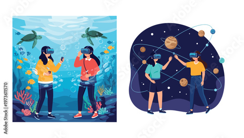 Two scenes of people wearing VR headsets exploring an underwater world with turtles and a solar system with planets and stars together.
